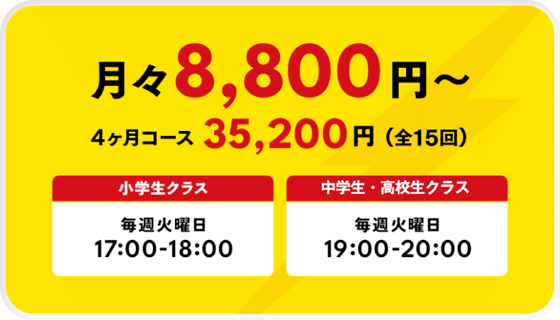月々8,800円〜 4ヶ月コース 35,200円(全15回) 小学生クラス 毎週火曜日 17:00-18:00 中学生・高校生クラス 毎週火曜日 19:00-20:00